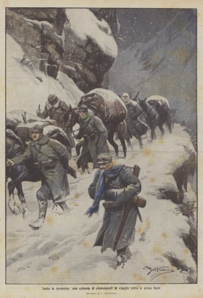 Under snöstormen, en kolonn av förnödenheter på väg till frontlinjerna av Achille Beltrame
