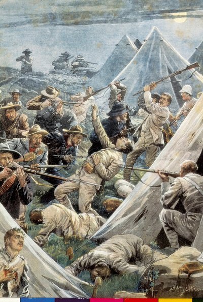 Sydafrika. Andra boerkriget. Attack mot det engelska lägret Tweefontein (1902). Illustration av Achille Beltrame. Gravyr. av Achille Beltrame