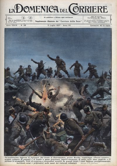 Spanska inbördeskriget: En division av italienska frivilliga flyr från den spanska republikanska armén i Merida-regionen, Spanien. Illustration av Achille Beltrame i "La domenica del Corriere"" av 1937-07-11. av Achille Beltrame