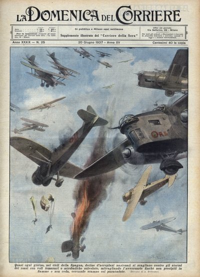 Spanska inbördeskriget: Luftkrockar mellan republikanska och nationalistiska flygplan över Spanien i krig. Illustration av Achille Beltrame i "La domenica del Corriere"" av 1937-06-20. av Achille Beltrame