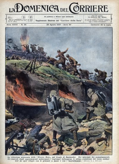 Spanska inbördeskriget: Ansändare av "Frecce nere"-brigaderna på Santander-fronten. Illustration av Achille Beltrame från "La domenica del corriere"" av 1937-08-29. av Achille Beltrame