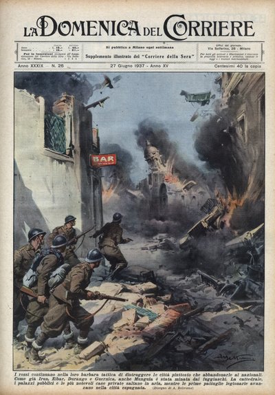 Spanska inbördeskriget: sammandrabbningar på gatorna i baskiska städer, med republikaner som förstör allt istället för att lämna städer till nationalister. Illustration av Achille Beltrame i "La domenica del Corriere"" av 1937-06-27. av Achille Beltrame