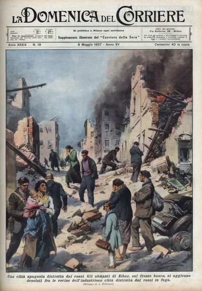 Spanska inbördeskriget: utsikt över ruinerna av staden Eibar i Baskien ödelade av det röda. Illustration av Achille Beltrame i "La domenica del Corriere"" av 1937-05-09. av Achille Beltrame