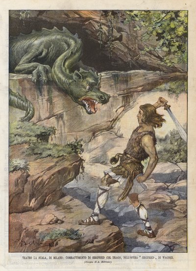 La Scala Theatre, Milano, Siegfrieds kamp med draken, i operan Siegfried Di Wagner av Achille Beltrame
