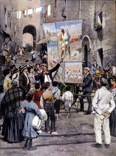 The Poesy of War: De senaste populära låtarna inspirerade av det libyska kriget sjungs på Neapels gator av gatuartister. Ill. de Beltrame. La Domenica del Corriere. 1912 av Achille Beltrame