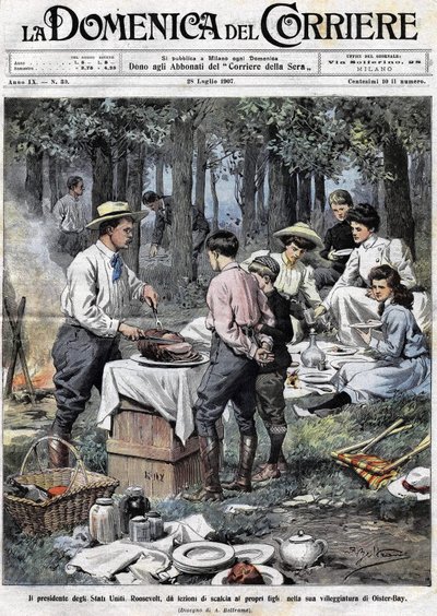 USA:s president Theodore Roosevelt (1858 - 1919) lärde sina söner plikterna för en man i det goda samhället genom att skära av hans ben under en picknick i hans andra bostad i Oister Bay. Illustration av Achille Beltrame. La Domenica del Corriere av Achille Beltrame