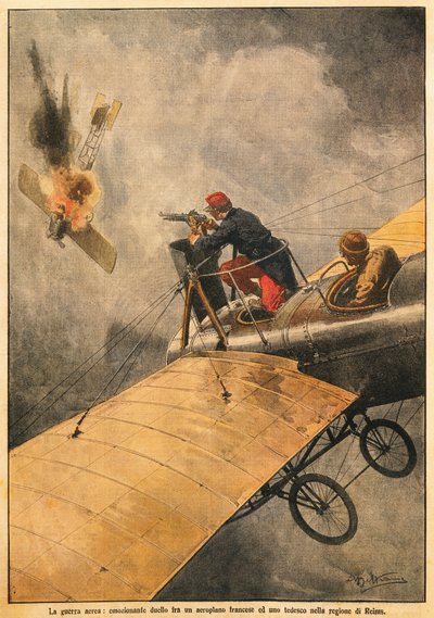 The War in Air: Duell mellan franskt plan och tyskt plan över Reims, av Achille Beltrame (1871-1945), från La Domenica del Corriere, 25 oktober 1914 av Achille Beltrame