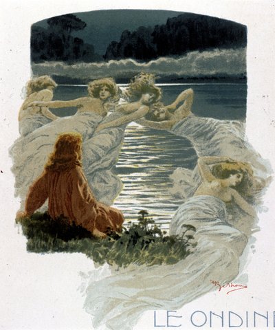 Karaktärerna av ondinerna, unga vattennymfer i den germanska mytologin. Illustration av A. Beltrame. av Achille Beltrame