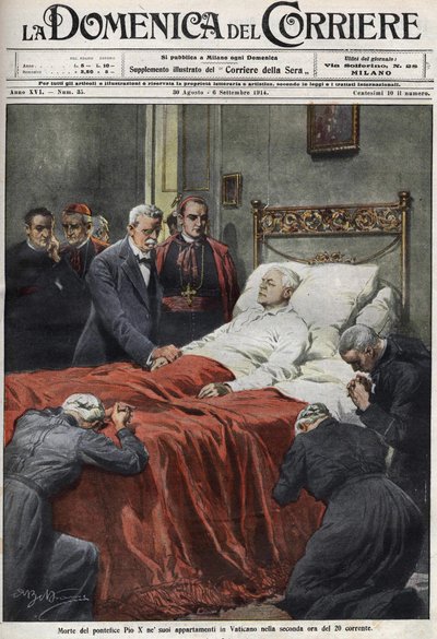 Påven Pius X:s död 1914. Omslag till domenica del Corriere den 30 augusti av Achille Beltrame