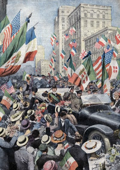 Det entusiastiska välkomnandet av det amerikanska folket till Ferdinand de Savoy, hertig av Genua och prins av Udine (1884 - 1963) när han anlände till Boston. Ill. de Beltrame. La Domenica del Corriere. 06/1917. av Achille Beltrame