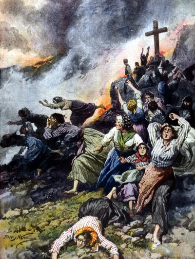 Etnas utbrott på Sicilien 1902. Ill. av A. Beltrame. "La Domenica del Corriere"". av Achille Beltrame