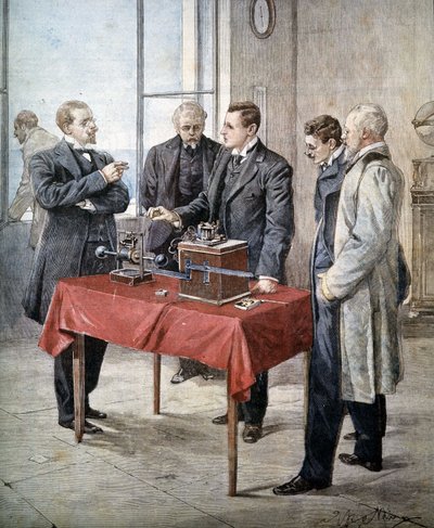 Erfarenheterna av Guglielmo Marconi (1874 - 1937) 1899: Trådlös telegrafi över kanalen. Illustration av Achille Beltrame i ""Domenica del Corriere"". av Achille Beltrame