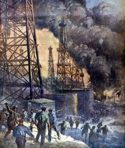 Helvetet av eld och lågor. Oljebrunnen i Signal Hill i Kalifornien. ill. av W. Beltrame. "La Domenica del corriere", 1924-12-28. av Achille Beltrame