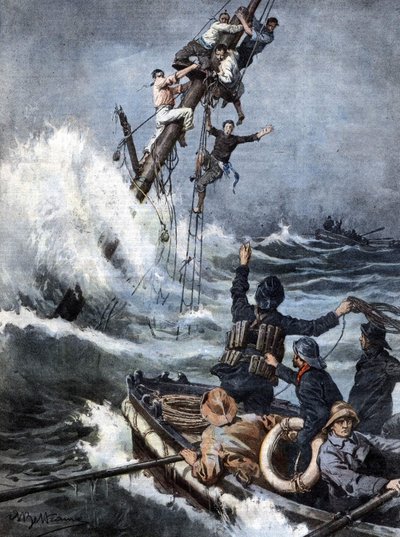Räddningsteamet förde säkert tillbaka sjömännen på en skeppsbruten ångbåt efter 40 timmar uppflugen på masterna på det sjunkande fartyget. Ill. de Beltrame. La Domenica del Corriere. 08/1909. av Achille Beltrame