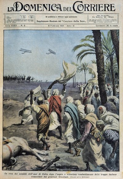 Överlämnandet av notabiliteterna i oasen Koufra (Qufra eller Cufra, Libyens Sahara) efter det svåra och segerrika slaget mellan de italienska trupperna under befäl av general Graziani - dess. de A. Beltrame i "" la Domenica del Corriere"" av 1931-02-08 av Achille Beltrame