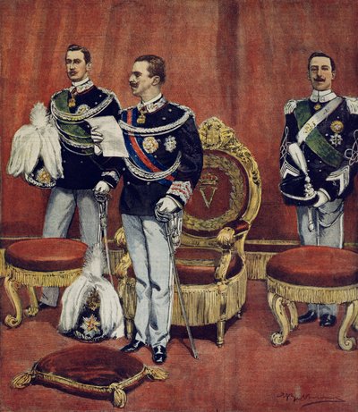 Svärningen av kung Vittorio Emanuele III i senatens kammare i Rom, av Achille Beltrame (1871-1945), från La Domenica del Corriere av Achille Beltrame