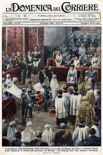 Bröllopet mellan prinsessan Lydia av Arenberg och hertigen av Pistoia: en magnifik ceremoni i katedralen i Turin, i närvaro av härskarna och prinsarna av huset Savoy och familjen Arenberg. Ill. de Baltrame. La Domenica del Corriere. 13/05/1928 av Achille Beltrame