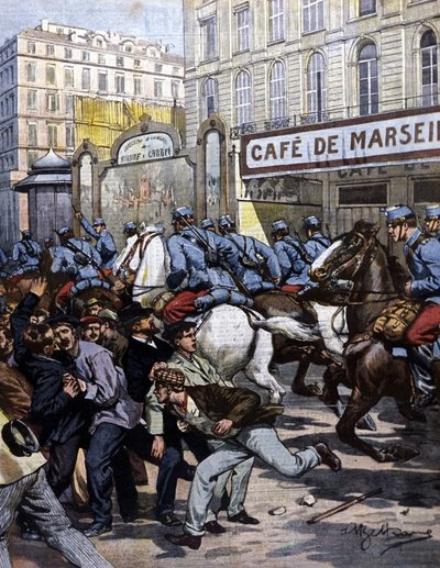 Arbetarstrejkerna i Marseille: husarerna som ansvarar på Canebière. Illustration av Beltrame. La Domenica del corriere. 1901. av Achille Beltrame