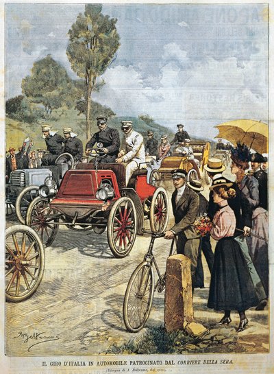 Rundtur i Italien med bil, sponsrad av Corriere della Sera, illustration av Achille Beltrame från La Domenica del Corriere, 19 maj av Achille Beltrame