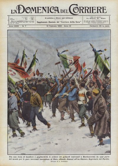 Mellan ett parti av flaggor och vimplar samlades raden av goliarderna i Bardonecchia från hela världen? av Achille Beltrame