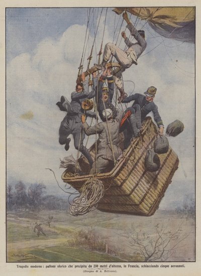 Moderna tragedier, en sfärisk ballong som faller från en höjd av 250 meter i Frankrike, och krossar fem aeronauter av Achille Beltrame