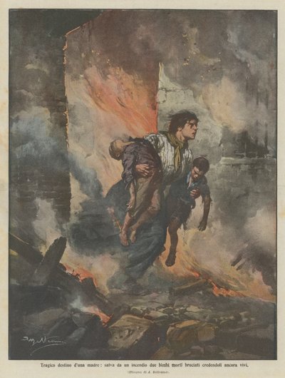 En mammas tragiska öde, hon räddar två brända döda barn från en brand, och tror att de fortfarande lever av Achille Beltrame