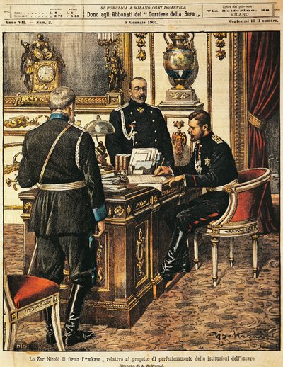 Tsar Nicholas II signeringsprojekt för institutionella reformer, av Achille Beltrame (1871-1945), från La Domenica del Corriere, 8 januari 1905 av Achille Beltrame