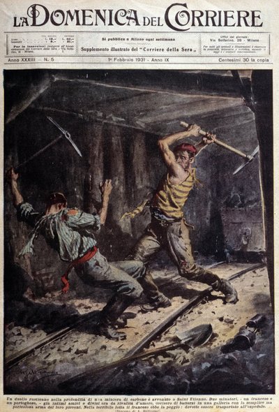 Två franska och portugisiska gruvarbetare slåss med sina yxor i ett galleri på grund av en kärlekshistoria - teckning av A. Beltrame, i "La Domenica del Corriere"" den 1 februari av Achille Beltrame