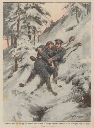 Serbisk officer som skyddar med sin egen kropp och räddar en frusen kollega genom att glida in i hans? av Achille Beltrame