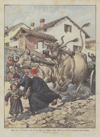 Ödmjuka hjältar, en lärare som ska rädda en liten flicka dödas av två arga oxar, nära Brescia av Achille Beltrame
