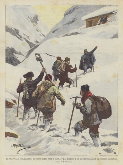 En Carabinieri Drapello blockerad av snö och räddad av kyrkoherden och några modiga från Boissano (Albenga) av Achille Beltrame