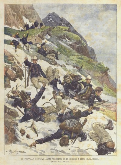 En fångst av alpina soldater som fallit i en ravin i Breno (Valcamonica) av Achille Beltrame