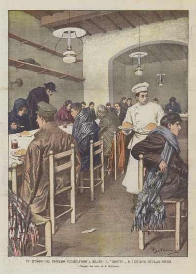 Ett avsnitt från Notarbartolo-rättegången i Milano, The Risotto Al Testimoni Siciliani Poveri av Achille Beltrame