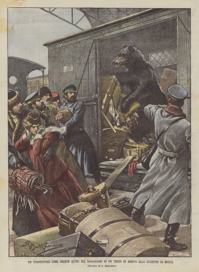 En resenär som ingen annan i bagageutrymmet på ett ankommande tåg på Moskvas station av Achille Beltrame