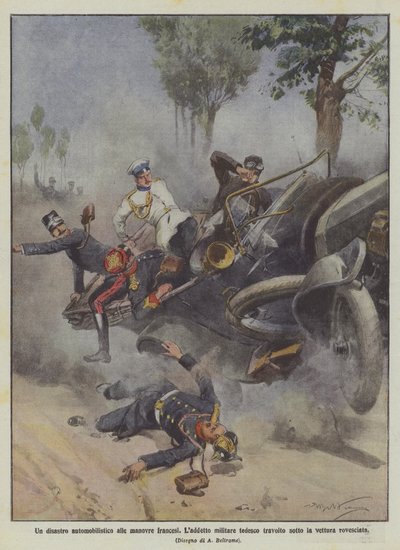 En bilkatastrof vid de franska manövrarna körde den tyska militärofficeren över under den välta bilen av Achille Beltrame