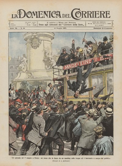 Ett avsnitt av 1 maj i Paris, en rysk skjutning mot trupperna från en omnibus? av Achille Beltrame