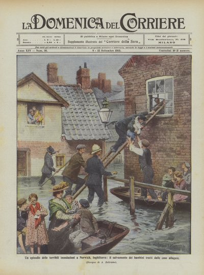 Ett avsnitt av de fruktansvärda översvämningarna i Norwich, England, räddningen av de utsatta barnen? av Achille Beltrame