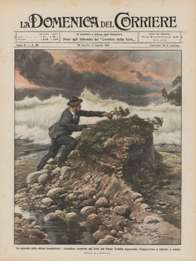 Ett avsnitt av de senaste översvämningarna, en bonde överraskad i bädden av den utvidgade floden Trebbia? av Achille Beltrame