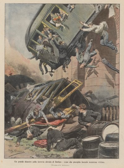 En stor katastrof på Berlins förhöjda järnväg, ett tåg som kraschar och dödar många människor av Achille Beltrame
