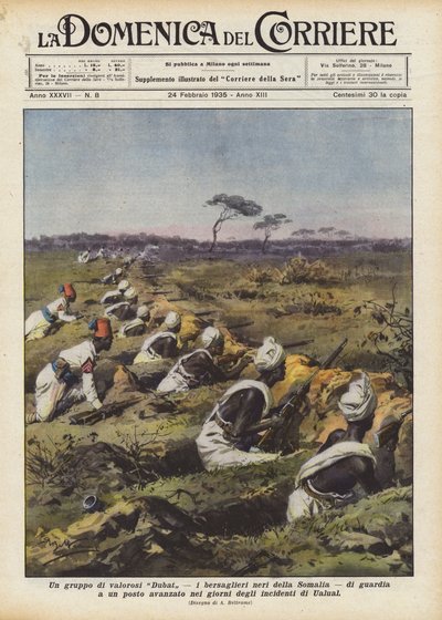 En grupp modiga Dubat, de svarta Bersaglieri från Somalia, vaktar en avancerad post i? av Achille Beltrame