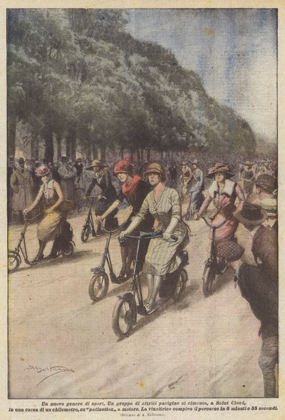 En ny sportgenre. En grupp parisiska skådespelerskor deltar i ett lopp i Saint Cloud? av Achille Beltrame