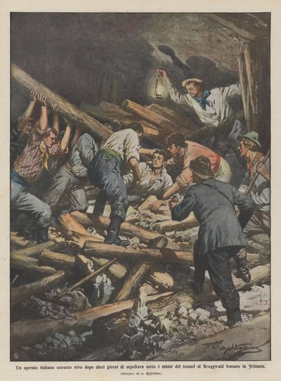 En italiensk arbetare utvunnen levande efter tio dagars begravning under tunnelns stenblock? av Achille Beltrame