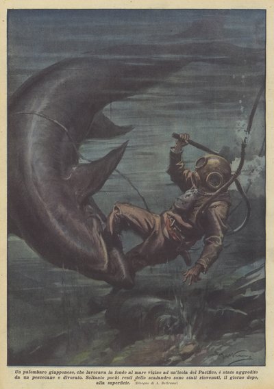 En japansk dykare som arbetar på botten av havet nära en ö i Stilla havet? av Achille Beltrame