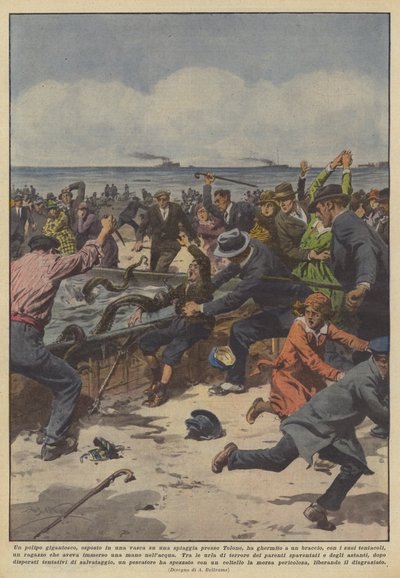 Har en jättebläckfisk, utställd i ett badkar på en strand nära Toulon, gripit? av Achille Beltrame