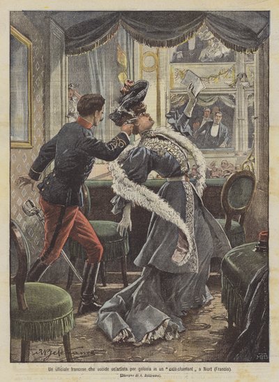 En fransk officer dödar en artist av svartsjuka på en kafé-chantant i Niort (Frankrike) av Achille Beltrame