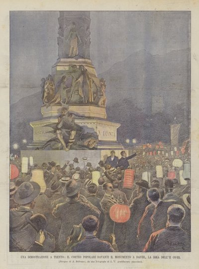 En demonstration i Trento, den populära processionen framför monumentet till Dante, La Sera Dell11 Corr av Achille Beltrame