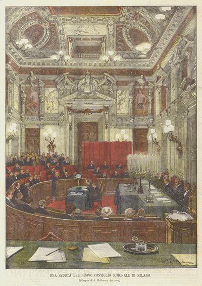 En session i det nya stadsfullmäktige i Milano av Achille Beltrame