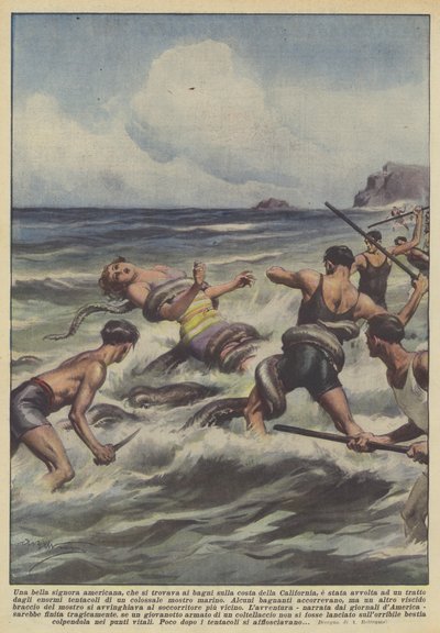 Var en vacker amerikansk dam, som var vid baden vid Kaliforniens kust, insvept? av Achille Beltrame