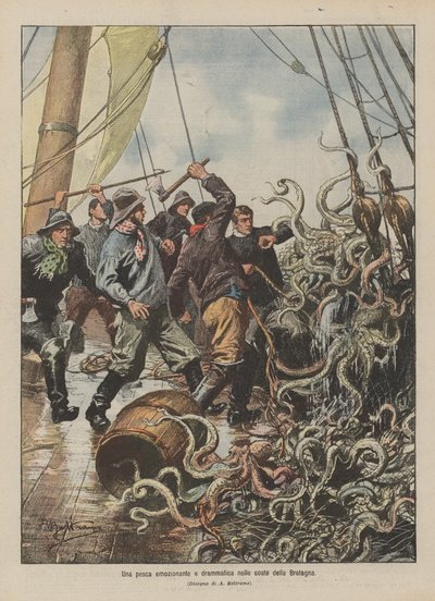 Ett spännande och dramatiskt fiske vid Bretagnes kust av Achille Beltrame