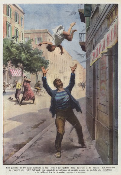 En treårig flicka lämnade hemma ensam och ramlade ut genom fönstret i La Spezia av Achille Beltrame
